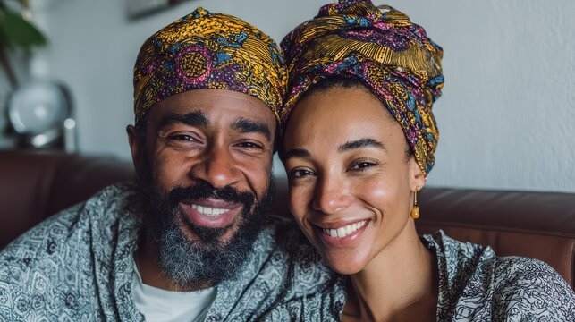 portrait of mid adult happy african american couple hugging at home while sitting on couch portrait of mature man with his woman wearing traditional turban looking at camera black mid adult couple  n