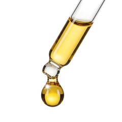 Golden oil droplet falling from pipette isolated on transparent background