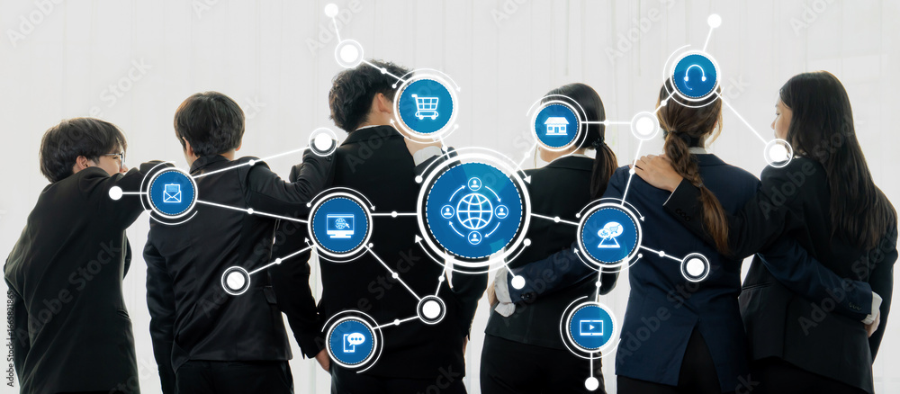 Poster group of professionals collaborating in a networked environment with digital icons representing busi