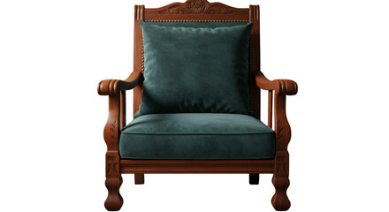 Isolated Antique Wooden Armchair With Teal Cushion On Transparent Background