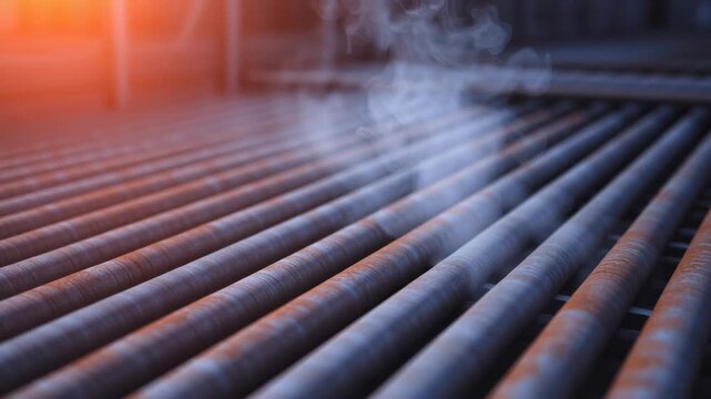 Metallic pipes with light steam and warm lighting, creating an industrial atmosphere. Ideal for illustrating steam systems, heat flow, energy processes, or cinematic engineering backgrounds.
