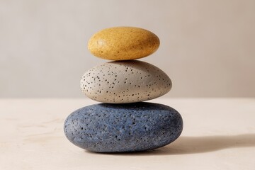 A stack of three smooth, textured stones in muted yellow, gray, and blue tones sits balanced atop a light beige surface, evoking a sense of tranquility and equilibrium.