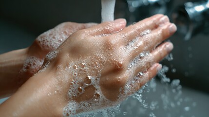 Fototapeta premium young woman washing cleansing soapy hands in bathroom to prevent coronavirus infection cleaning skin care in foamrubbing hands rinsing with running water covid 19 protection concept close up view no 