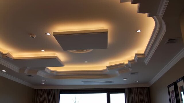 Elaborate ceiling design with warm lighting and decorative molding in a spacious room