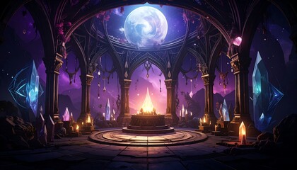 A magnificent, mystical, and otherworldly sanctuary glows under a full moon, lit by glowing crystals and flickering candles.