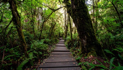 A wooden walkway meanders through a lush, verdant forest, lined with mossy trees and ferns.