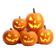 Carved Halloween pumpkins jack o lanterns with glowing faces isolated on white background
