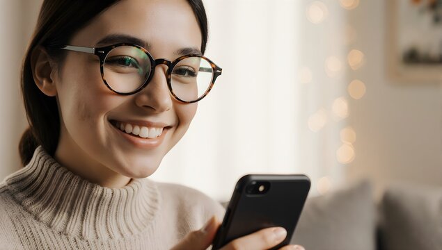 Smiling Woman Using Smartphone At Cozy Home