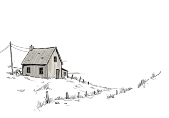 Isolated Black And White Illustration Of Rural House At Night