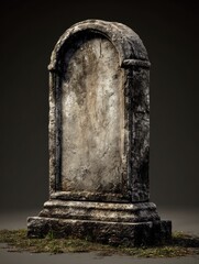 a weathered gravestone stands upright showcasing an arched top and a slightly worn surface evoking a sense of history and remembrance