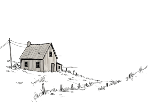 Isolated Black And White Illustration Of Rural House At Night