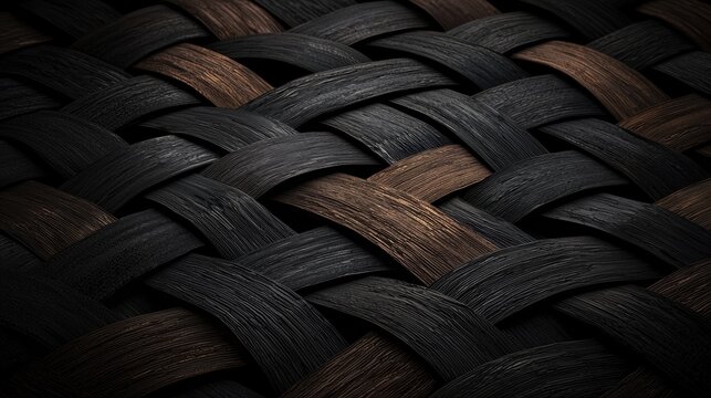 A close-up image of a woven material with a complex pattern of intersecting lines and varying shades of brown and black.