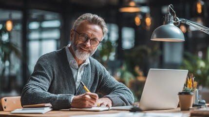 happy mature executive ceo manager using laptop writing notes in notebook at workplace smiling middle aged business man working in office analyzing financial data doing research no logos no brands ar