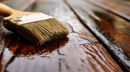 paint brush on wet wooden surface