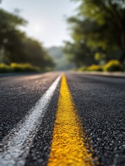 Fototapeta premium closeup view of an empty asphalt road with bright white dashed center line and solid yellow edge lines stretching into the distance surrounded by blurred greenery