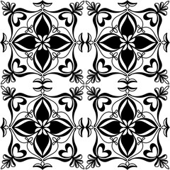 Seamless Black and White Decorative Floral Heart Tile Pattern – Vector Ornamental Design for Wallpaper, Fabric, Scrapbooking, Wrapping Paper, and Digital Backgrounds