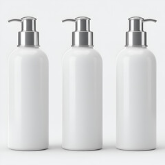Photo of Three White Dispenser Bottles with Silver Pump Tops Isolated