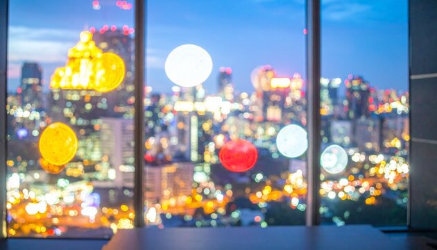 Blurred cityscape view at night through a window with colorful, translucent, circular decorations. - Powered by Adobe