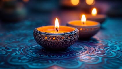 Close up of glowing diyas with intricate patterned bowls on blue surface candle candles
