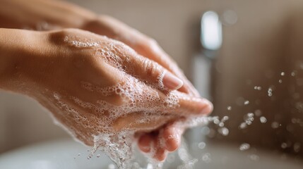 Fototapeta premium young woman washing cleansing soapy hands in bathroom to prevent coronavirus infection cleaning skin care in foamrubbing hands rinsing with running water covid 19 protection concept close up view no 