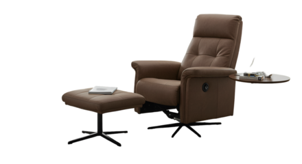 Isolated Brown Leather Recliner Chair with Footrest and Side Table Photo