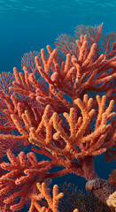 Fototapeta premium Photo of Vibrant Orange Coral in a Deep Blue Underwater Background