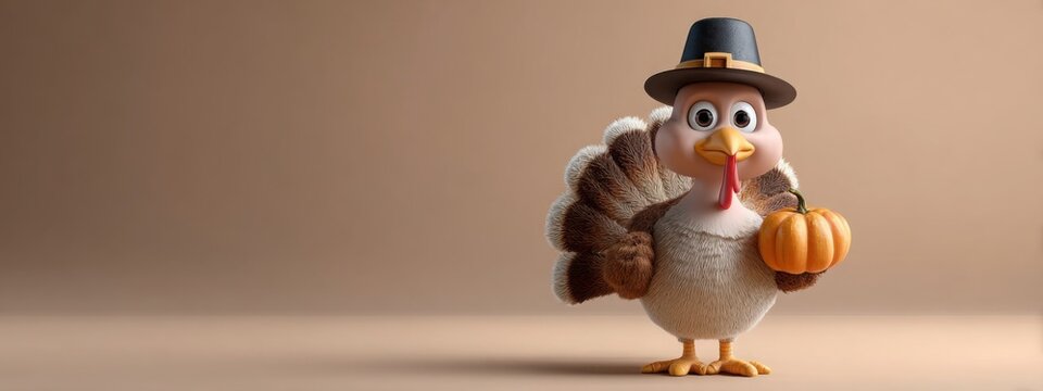 Adorable Thanksgiving turkey with hat and pumpkin