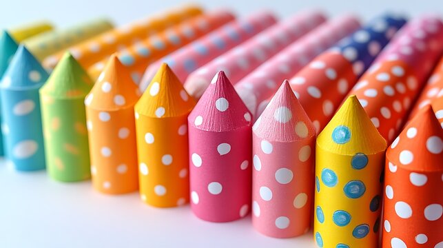 Colorful polka dot patterned pencil tips arranged in a row colored pencils art supplies - Powered by Adobe
