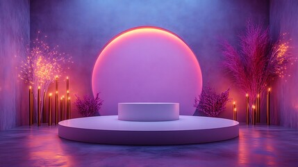 Empty white podium with pink and purple lighting and decorative elements stage platform