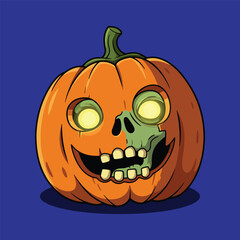 A cartoonish jack-o'-lantern with a zombie-like skull face, against a vibrant blue background.