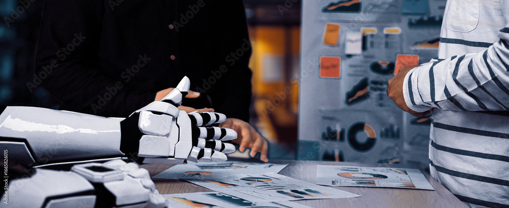 Poster a dynamic business meeting featuring a robot hand alongside a human, analyzing charts and graphs, hi