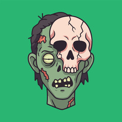 A stylized illustration of a zombie's head, half decaying flesh, half exposed skull, against a green background.