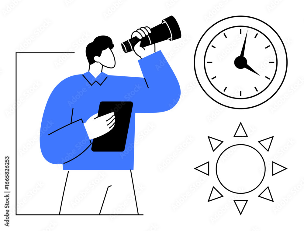 Aufkleber man holding a tablet and using a telescope next to a large clock and sun. ideal for exploration, tim