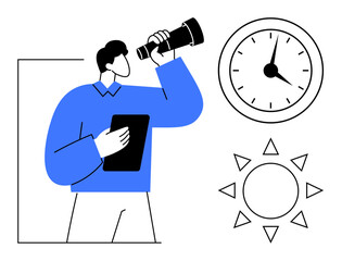 Man holding a tablet and using a telescope next to a large clock and sun. Ideal for exploration, time management, innovation, planning, leadership, goal setting, adventure. Simple flat metaphor