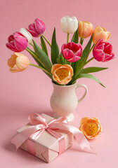 A beautiful bouquet of colorful tulips in a vase, next to a gift-wrapped box, creates a cheerful and vibrant image.