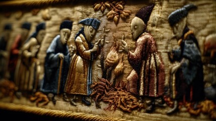 Naklejka premium Craftspeople engage in rituals related to religion and esotericism. Each figure in the scene displays unique actions with symbolic items, showcasing important cultural practices from the past.