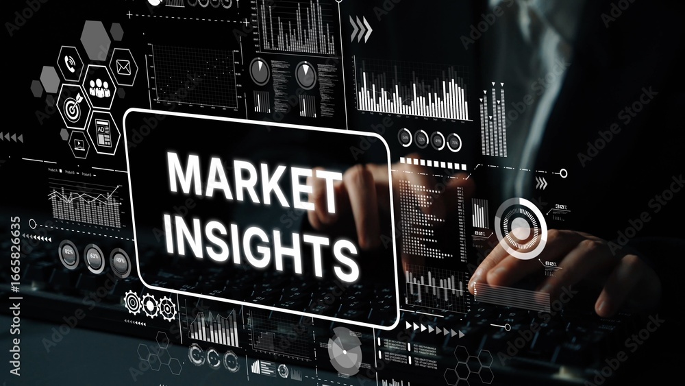 Poster analysis of market insights with data visualization in modern business environment. asymptotic smart