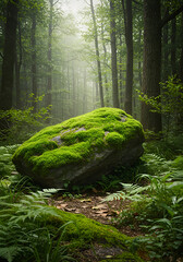 Misty forest scene with mossy rock and ferns. Tranquil, nature-focused composition with lush vegetation in a wooded area. Nature photographer captures a quiet woodland scene -