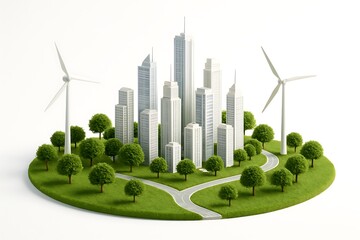 Sustainable urban development a miniature city with wind turbines, green spaces, and modern architecture isolated on white background