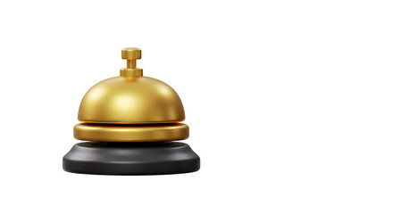 Golden reception bell on a white background in 3D rendering with shiny metallic material