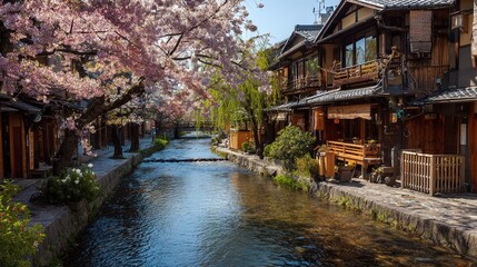 Obraz premium kyoto japan at the shirakawa river in the gion district during the spring cherry blosson season no logos no brands ar 169