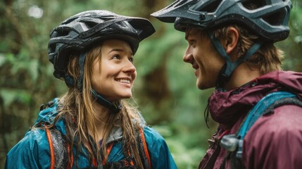 horizontal shot of a young couple with rucksacks wearing cycling helmets mountain bike on a woodland trail smile at each other no logos no brands ar 169