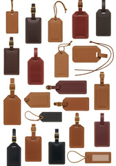 Isolated Collection of Leather Luggage Tags on a Black Background Photo