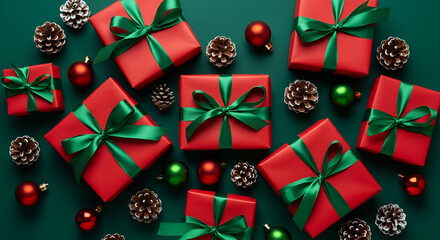Red gift boxes with green ribbon, Christmas decorations on a dark green background. A festive display of wrapped presents with pine cones and ornaments.
