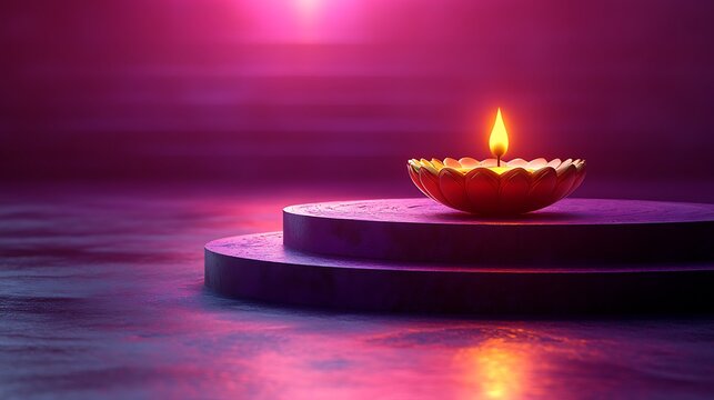 Lit diya lamp on purple podium with glowing light and reflections candle flame image