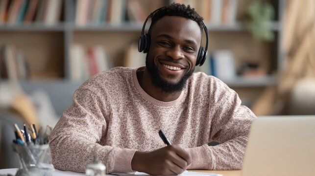 young happy smiling african american adult student wearing headphones having virtual education class meeting online call e learning webinar on laptop at home office writing notes no logos no brands a