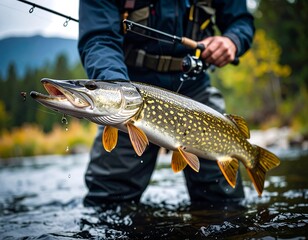 Obraz premium Fisherman holding a large pike in a river