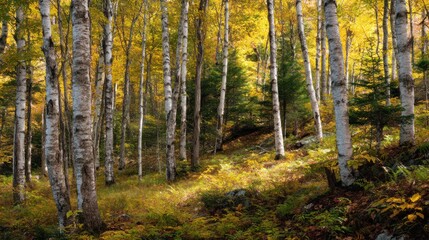 Obraz premium Yellow birch forest in autumn peak color