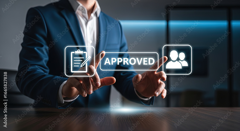Poster man in suit touching illuminated icons for document approval and teamwork concept