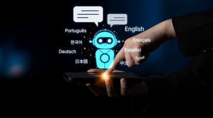 Global communication with multiple languages, digital translation tools, multilingual technology,...